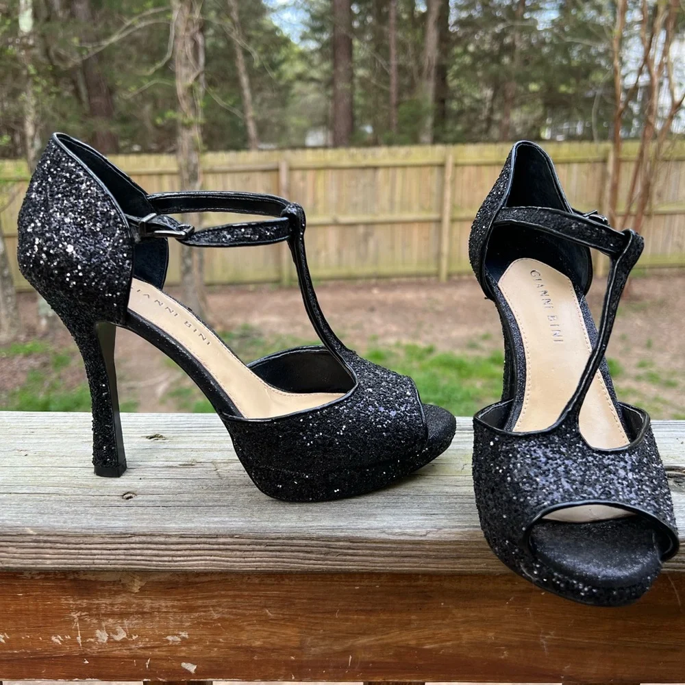 GIANNI BINI Open Toe Black Platform Sparkle Glitter Heels Women’s 7.5